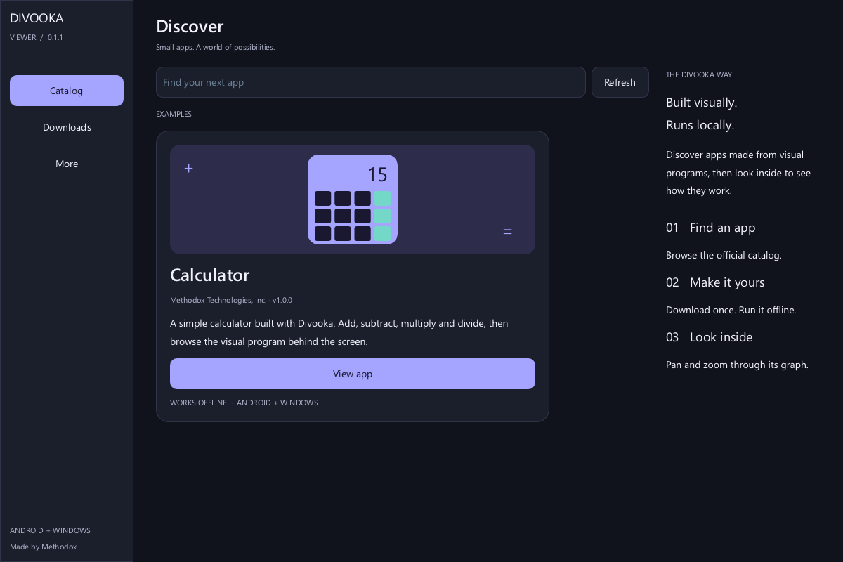 Divooka Viewer desktop interface with sidebar, Calculator app card and getting-started guide